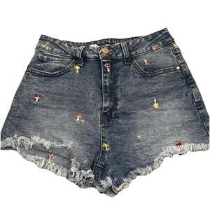 Tinseltown Y2K Cut Off Jean Shorts Embroidered Mushrooms Flowers Size 7 EUC